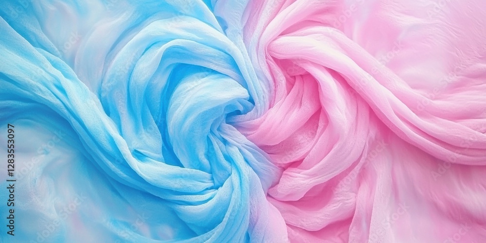 Obraz premium Beautiful pastel blue and pink colored fabric background with swirling sheer cloth in soft colors