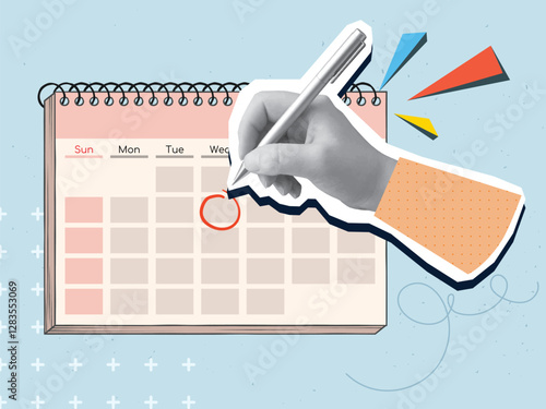 A black and white hand puts a mark in a calendar. Modern photo collage style. Vector illustration