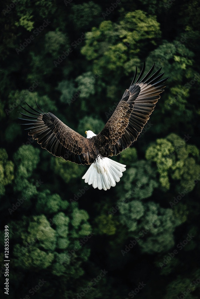 Obraz premium Eagle soaring over lush green forest canopy
