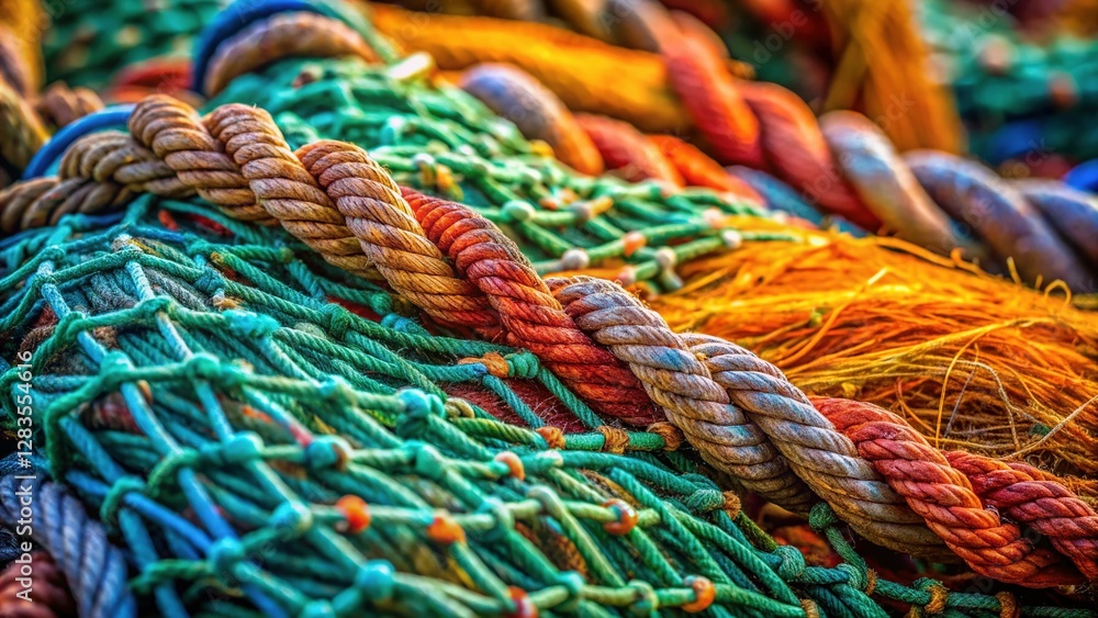 Close-up of a weathered fishing net, intricate knotting, textured fibers, natural sunlight Close-up of a weathered fishing net, intricate knotting, textured fibers, natural sunlight
