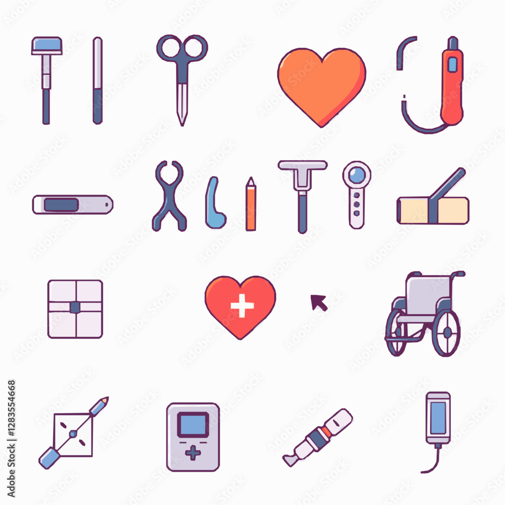 Medical Equipment Icons, Surgical Tools, Thermometer, Bandage, Wheelchair, Infusion Pump, High Quality Vector Medical Equipment Icons, Surgical Tools, Thermometer, Bandage, Wheelchair, Infusion Pump, High Quality Vector