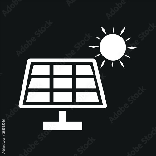 Solar panel icon with a sun in the upper right corner. The icon is made in a minimalist black and white style.