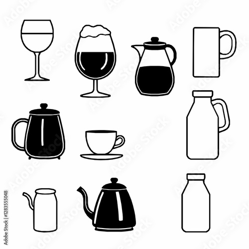Minimalist Food and Beverage Icons Set Isolated, Line Art Style, Editable Stroke, Vector Illustration,