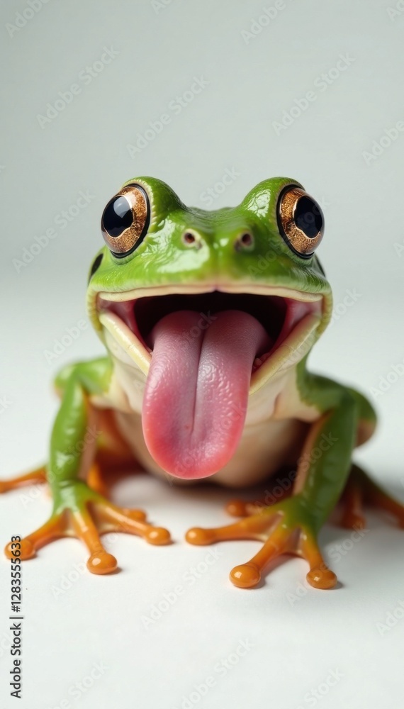 Obraz premium Frog with large tongue sticking out of mouth resting on a clean white surface, frog legs, animal behavior, animals