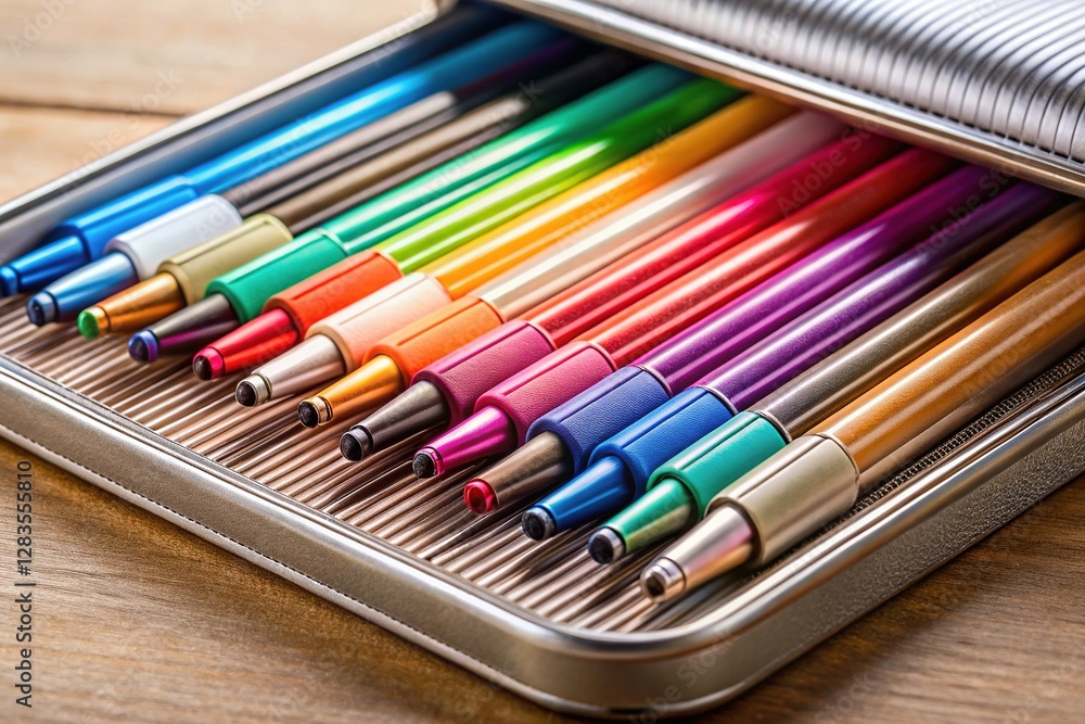 Fototapeta premium Elegant Fineliner Pen Set in Protective Case, Stationery Supplies, Office Essentials