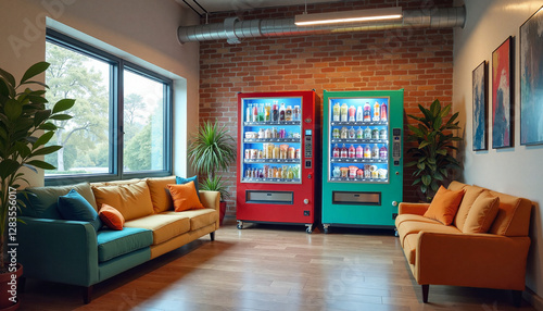 Break room with couch and snack vending machine, vibrant drinks display, casual environment supporting employee rejuvenation