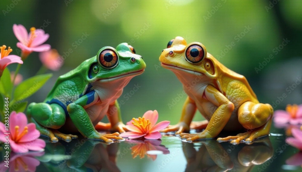 Obraz premium Frogs playing with flowers, frogs, summer, nature