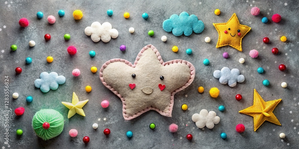 Handmade Felt Crafts: Clouds, Stars, Hearts & Soft Balls on Gray Background Handmade Felt Crafts: Clouds, Stars, Hearts & Soft Balls on Gray Background