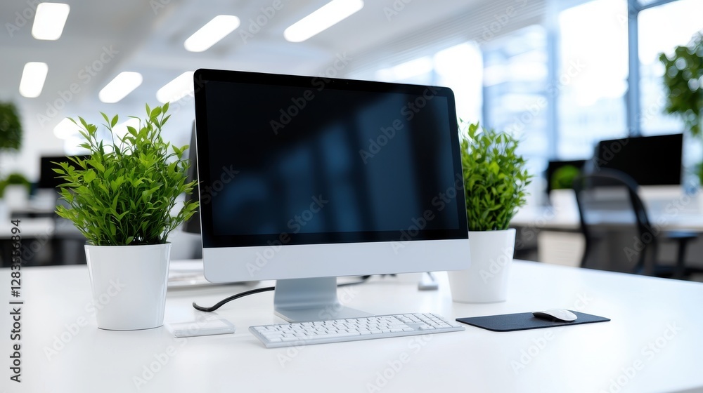 Modern Office Workspace with Computer & Plants Modern Office Workspace with Computer & Plants