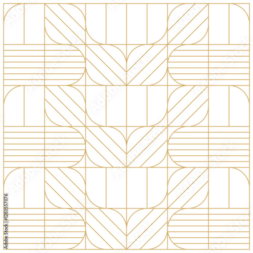 Geometric Pattern With Minimalist Mid Century Modern Gold Line Pattern Art Print For Glass And Wooden Art Work. Flat Hand Lines Drawing In Golden.