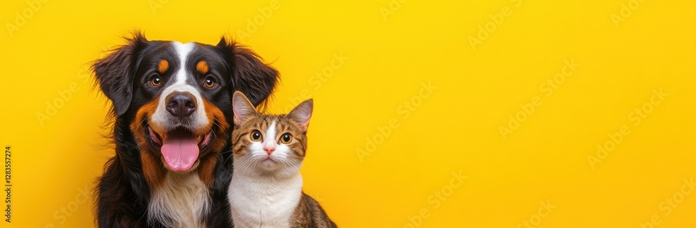 Happy dog and cat posing together in front of a bright yellow background while looking playful and cute Happy dog and cat posing together in front of a bright yellow background while looking playful and cute