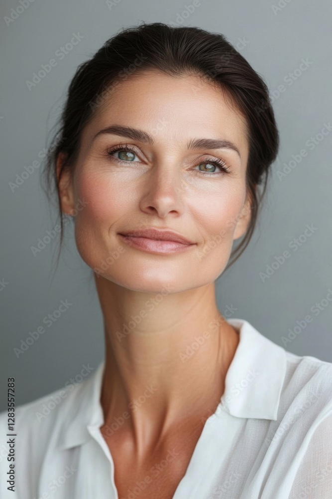 A close-up portrait of a woman with a serene expression, featuring smooth skin and understated makeup, set against a neutral background. A close-up portrait of a woman with a serene expression, featuring smooth skin and understated makeup, set against a neutral background.