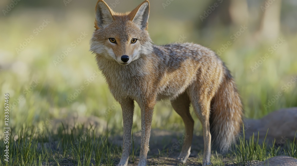 Lone coyote standing in sunlit forest clearing