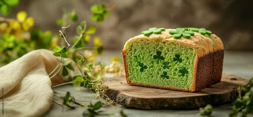 Happy St. Patrick’s Day Background, A slice of green bread with subtle shamrock pattern on top, placed on a rustic wooden board, minimalistic background with soft golden lighting Happy St. Patrick’s Day Background, A slice of green bread with subtle shamrock pattern on top, placed on a rustic wooden board, minimalistic background with soft golden lighting