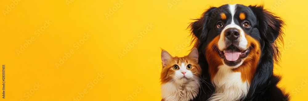 Happy dog and cat pose together against bright yellow background, showcasing friendship and joy in a studio setting Happy dog and cat pose together against bright yellow background, showcasing friendship and joy in a studio setting