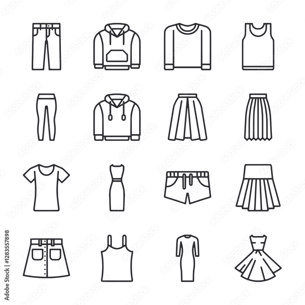 A set of clothing items are shown in a line drawing A set of clothing items are shown in a line drawing