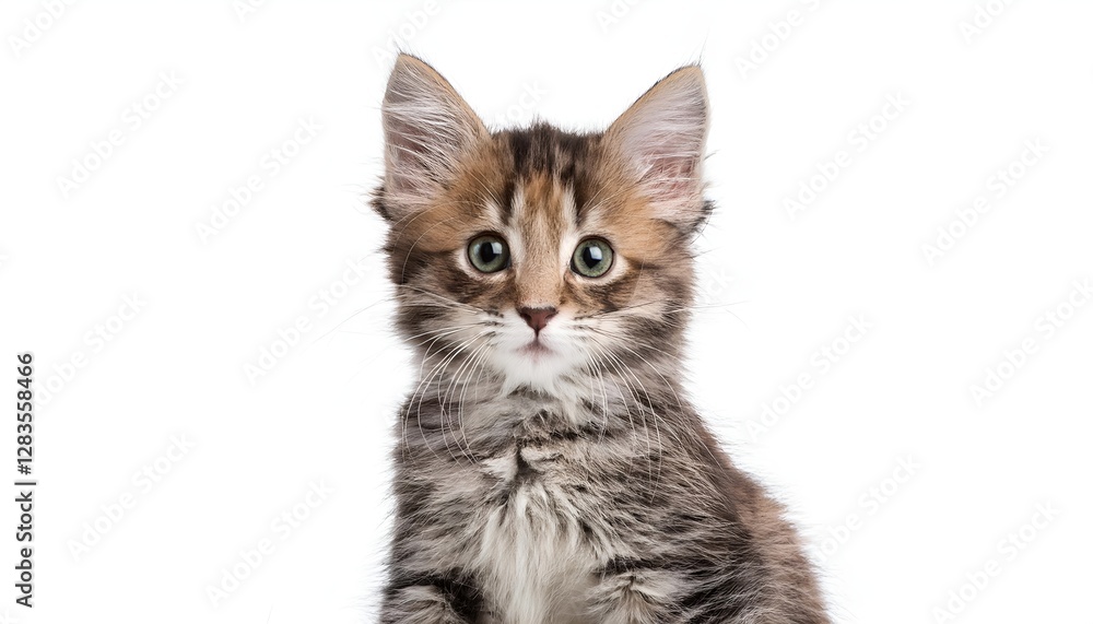 A charming funny kitten stares with captivating eyes against a clean white background. This image captures the innocence and curiosity of a young feline, perfect for cat lovers A charming funny kitten stares with captivating eyes against a clean white background. This image captures the innocence and curiosity of a young feline, perfect for cat lovers
