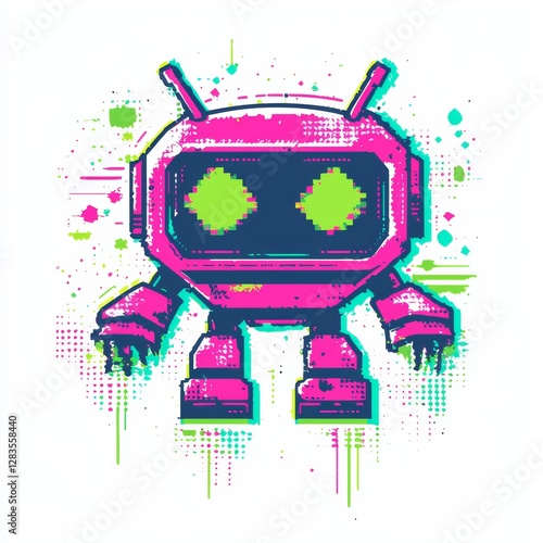 Wallpaper Mural Pixelated Companion: A vibrant, retro-style illustration of a friendly robot character, rendered in a digital pixel art aesthetic Torontodigital.ca