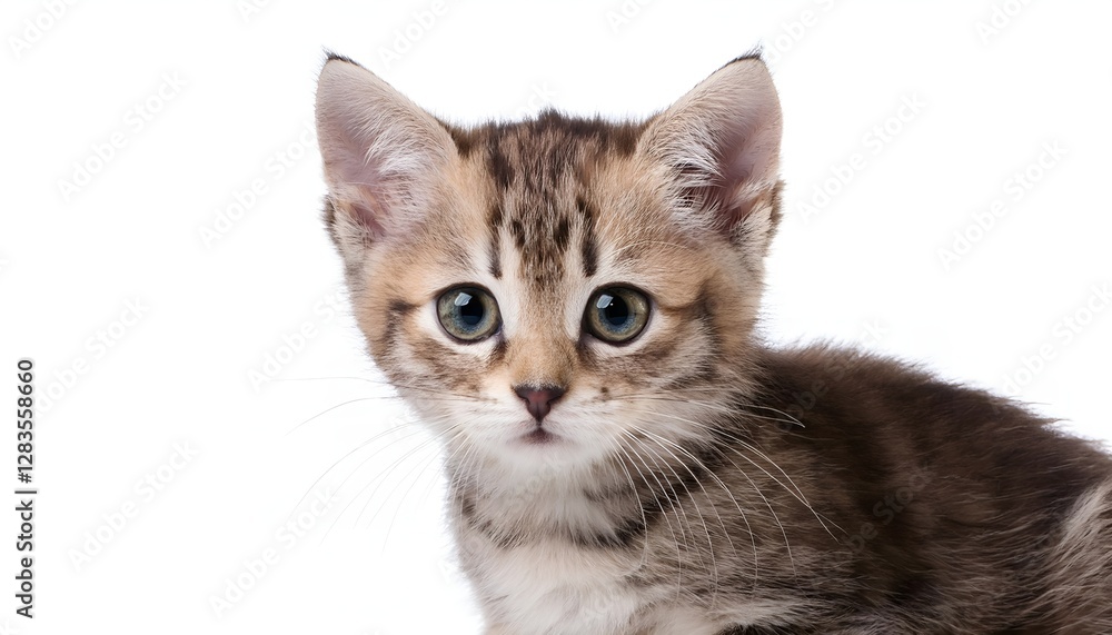 A charming kitten stares with captivating eyes against a clean white background. This image captures the innocence and curiosity of a young feline, perfect for cat lovers A charming kitten stares with captivating eyes against a clean white background. This image captures the innocence and curiosity of a young feline, perfect for cat lovers