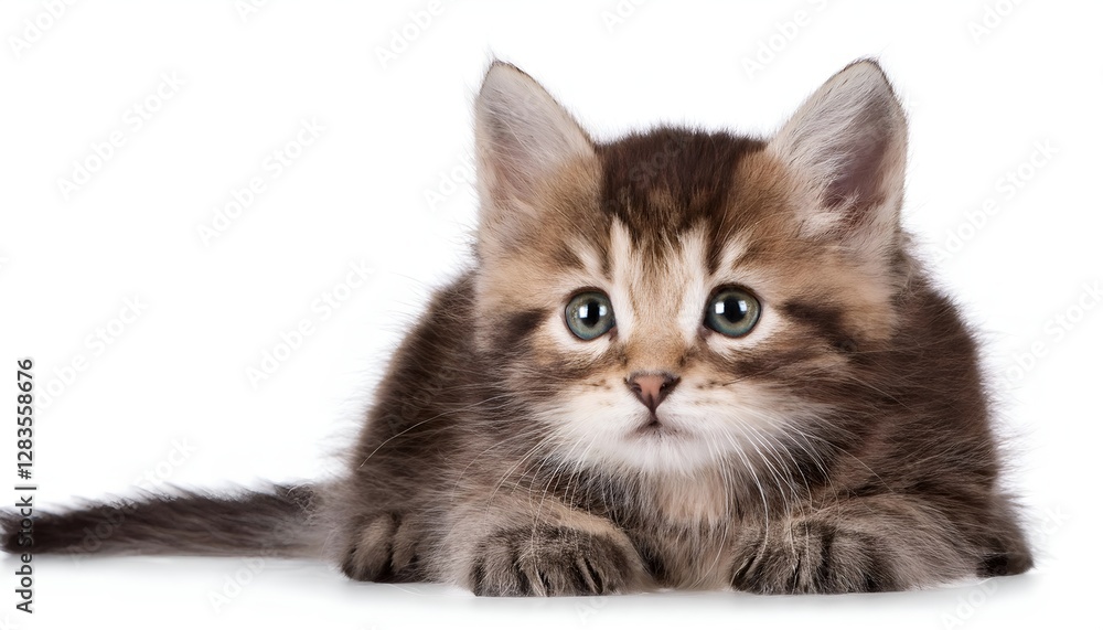 Obraz premium A charming kitten stares with captivating eyes against a clean white background. This image captures the innocence and curiosity of a young feline, perfect for cat lovers