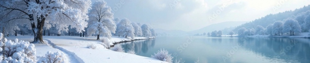 Frosty landscape with snow-covered trees and a frozen lake, winter, serene, snow Frosty landscape with snow-covered trees and a frozen lake, winter, serene, snow