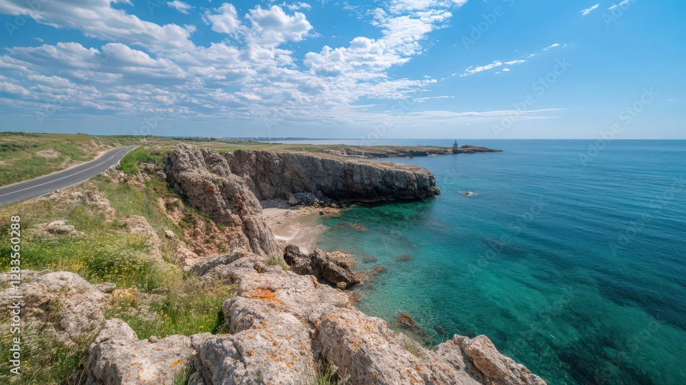 Obraz premium Coastal Road and Turquoise Sea: Sunny Day Landscape