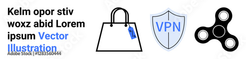 Shopping bag with tag, shield labeled VPN, and fidget spinner. Ideal for technology, e-commerce, cybersecurity, online shopping, gadget culture, internet safety flat landing page banner