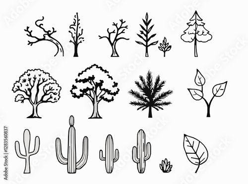 Tree and Plant Icon Set, Oak, Pine, Palm, Cactus, and Leaf Outline
