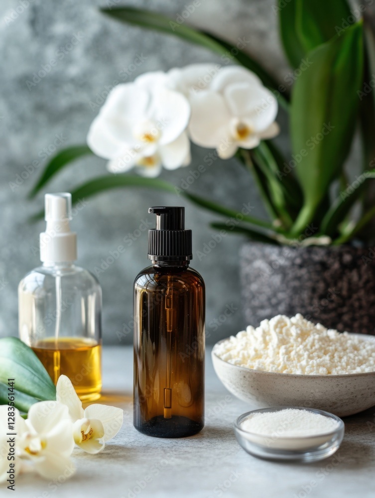 A serene arrangement of essential oil bottles, a bowl of powder, and white orchids, creating a soothing spa-like atmosphere. A serene arrangement of essential oil bottles, a bowl of powder, and white orchids, creating a soothing spa-like atmosphere.