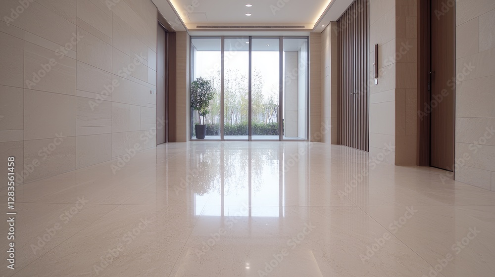 Fototapeta premium Polished marble floor reflects natural light in a modern empty building lobby with glass doors.