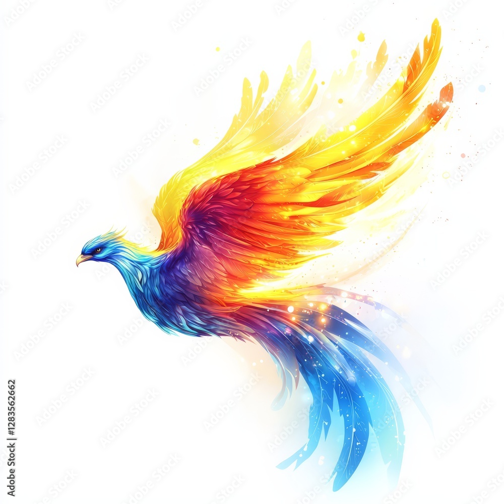 Obraz premium Phoenix Rising: A majestic phoenix takes flight, its feathers ablaze with fiery hues of gold, orange, and blue, symbolizing rebirth and renewal.