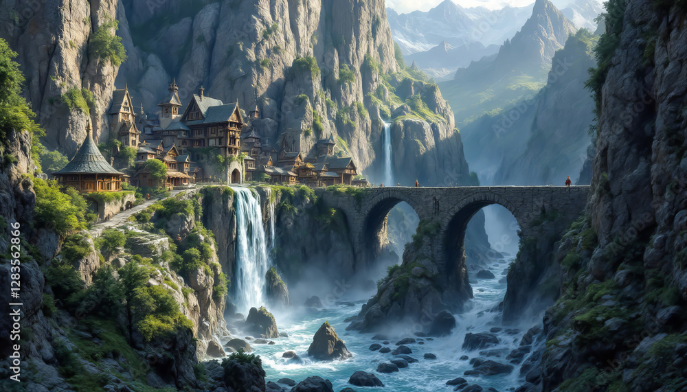 Fototapeta premium A quaint medieval village sits atop towering waterfall cliffs