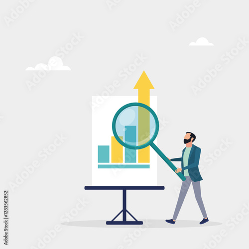 Research data, analysis of information in chat. Studying financial data or business growth. The character uses a magnifying glass to view graphs. Vector illustration	