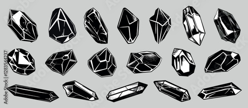 Black geometric crystal isolated illustration, vector set