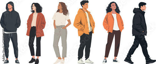 Stylish diverse casual fashion, isolated vector set