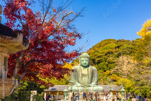 Kamakura, Japan : December 9, 2024 : Ancient bronze statue of the Great Buddha Daibutsu at Kotoku-in temple in Kamakura, Japan. It is an important landmark and a popular destination for tourists.