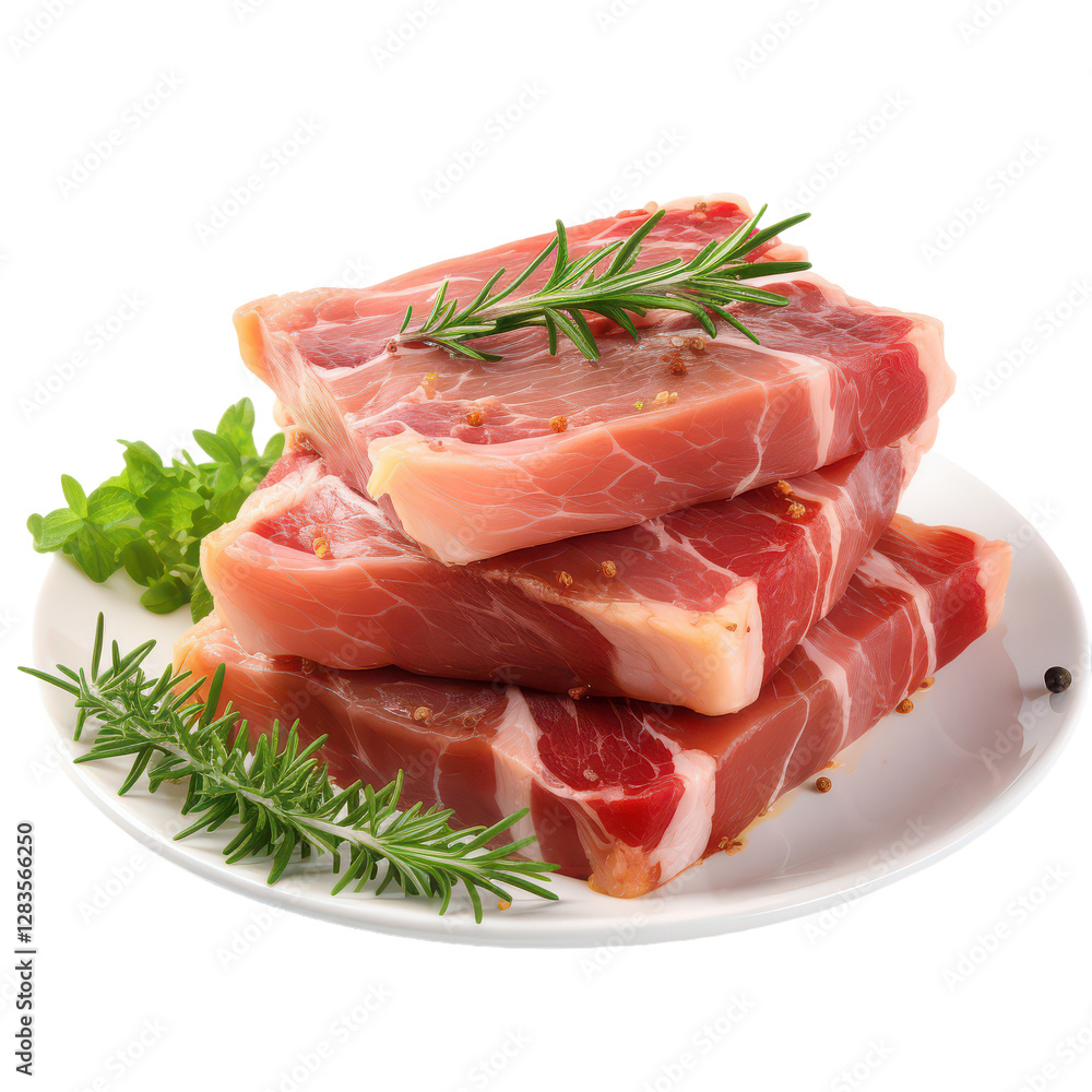 Delicious Ham Slices on Plate on transparent background Delicious Ham Slices on Plate on transparent background