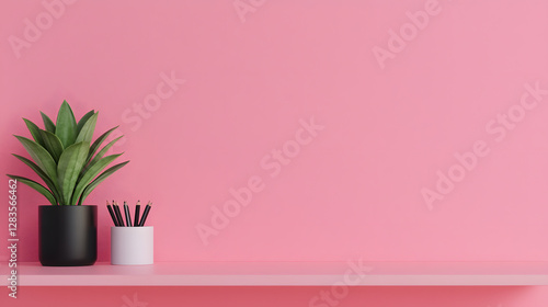 Wallpaper Mural Decorative plant and pencil holder on pink shelf modern home office setup minimalist design indoor environment Torontodigital.ca
