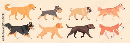 Illustrated diverse dog breeds walking, isolated vector set