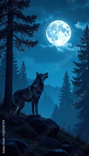 Full moon night forest landscape with a lone wolf howling , moonlight, forest, nature