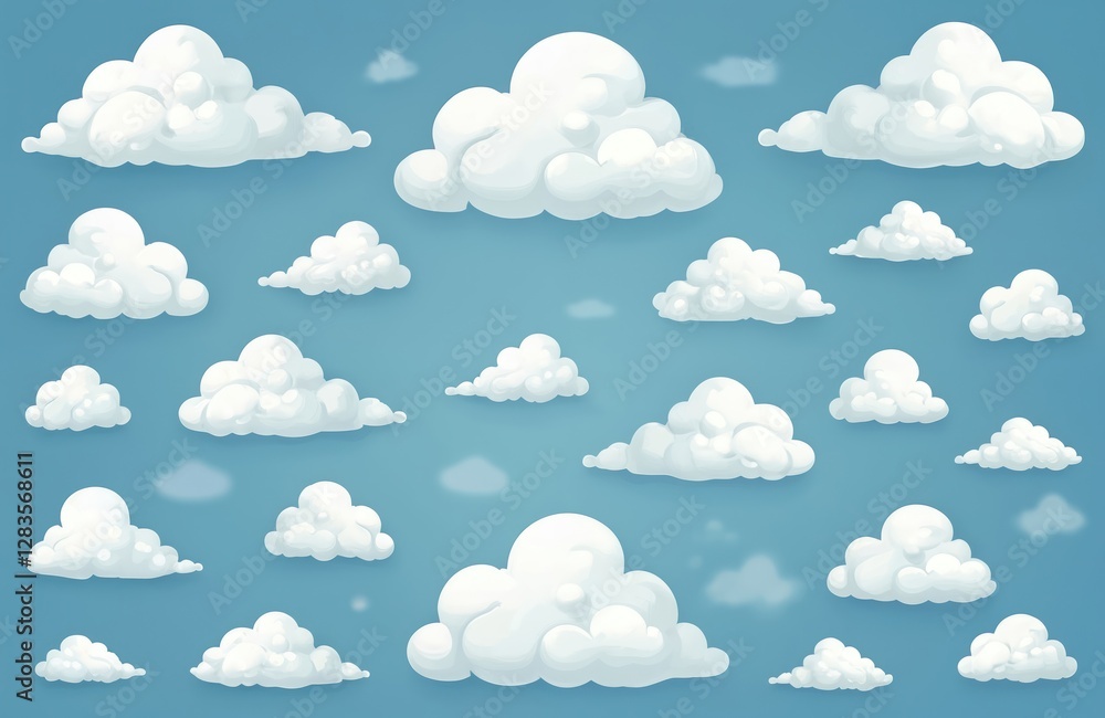 Illustration set of white clouds on blue sky backdrop. White fluffy cloud collection for weather forecast design. Air space, nature concept design. Decorative abstract atmosphere with summer Illustration set of white clouds on blue sky backdrop. White fluffy cloud collection for weather forecast design. Air space, nature concept design. Decorative abstract atmosphere with summer