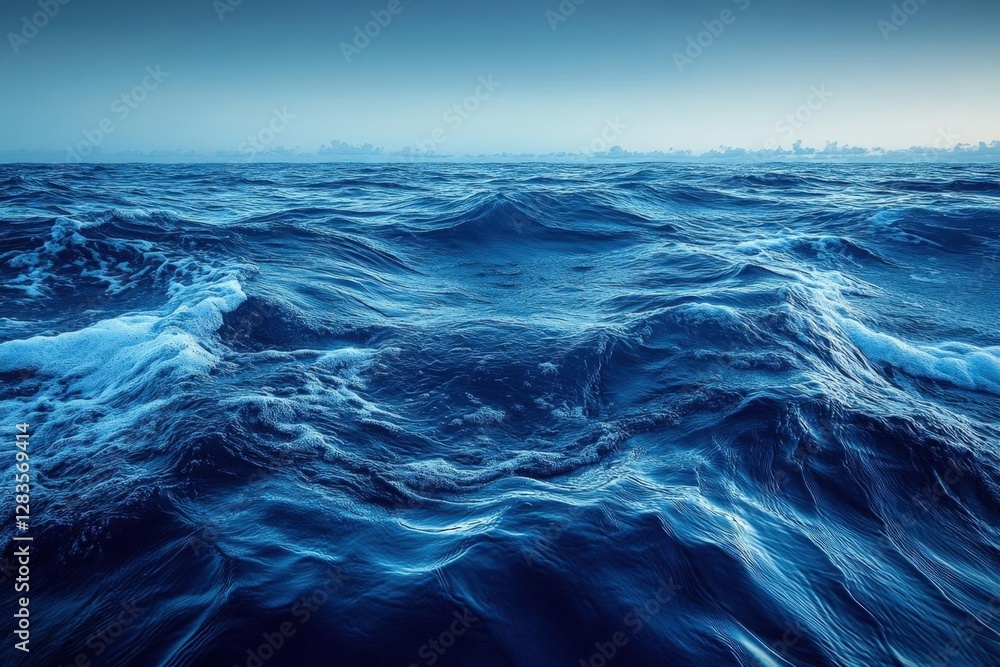 Fototapeta premium Turbulent Deep Blue Ocean Water with Dynamic Waves and Whitecaps Underneath a Cloudy Sky Creates a Natural and Dramatic Seascape