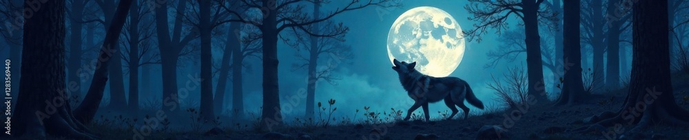 Full moon over forest with howling wolf running freely in the woods, outdoor adventure, natural scene, forest Full moon over forest with howling wolf running freely in the woods, outdoor adventure, natural scene, forest