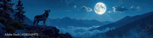 Full moon rises over vast wilderness as gray wolf howls in harmony with night sky, environment, forest, moonlight