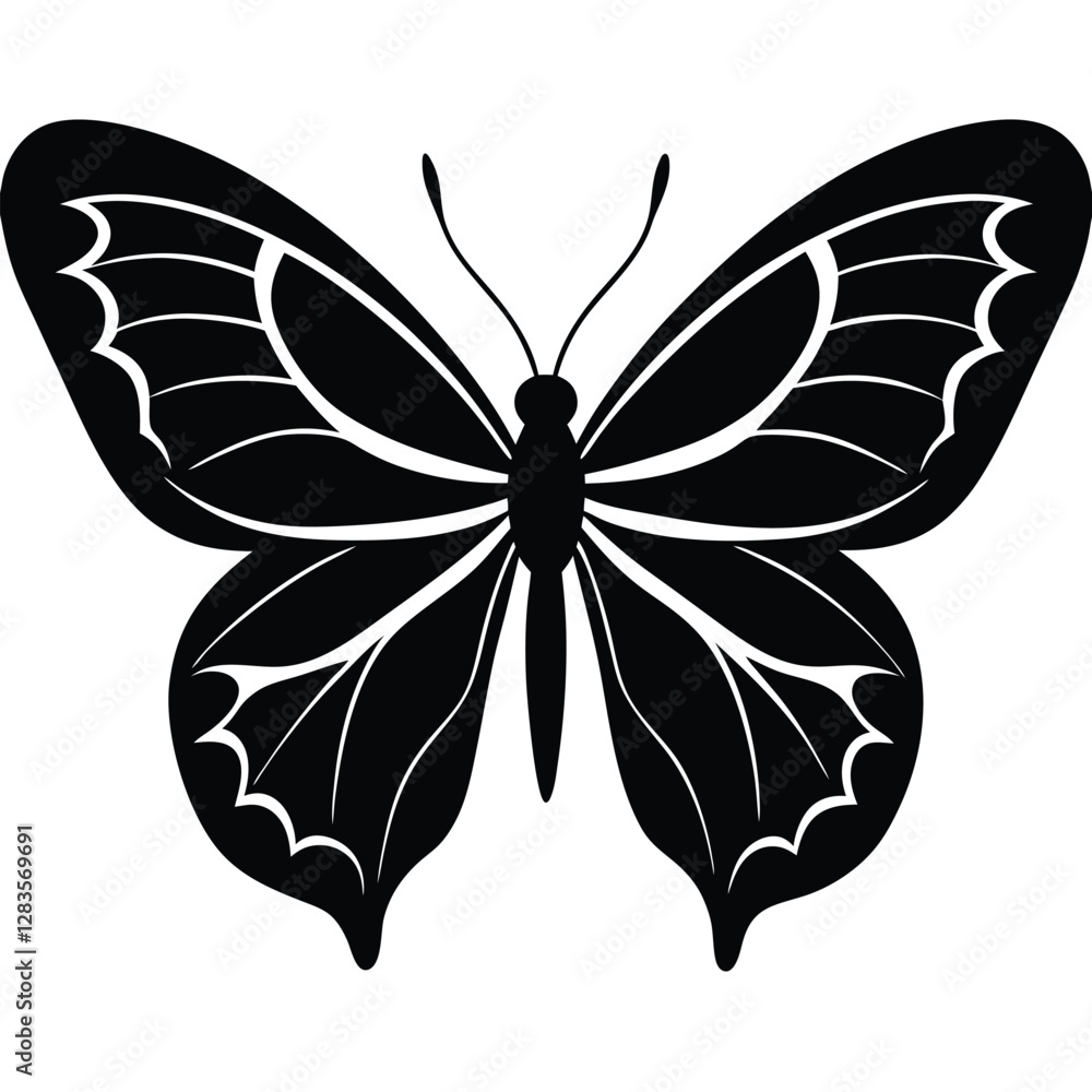 Vector illustration of butterfly on white background. There are two versions, black shape and black and white. Butterflies silhouette. Vector illustration of butterfly on white background. There are two versions, black shape and black and white. Butterflies silhouette.