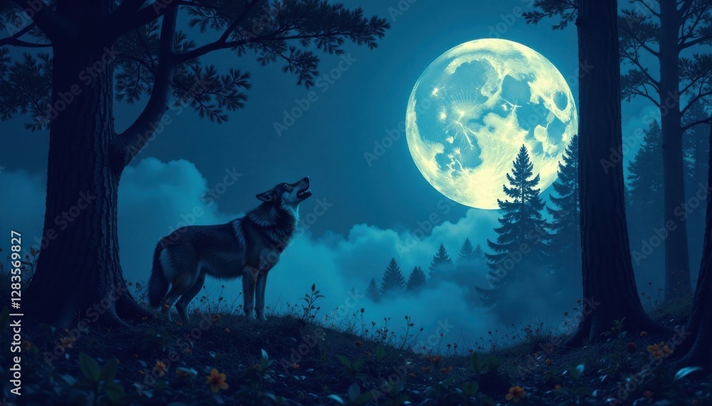 Full moonlit forest with a lone wolf howling at the trees, , full moon, wolf Full moonlit forest with a lone wolf howling at the trees, , full moon, wolf