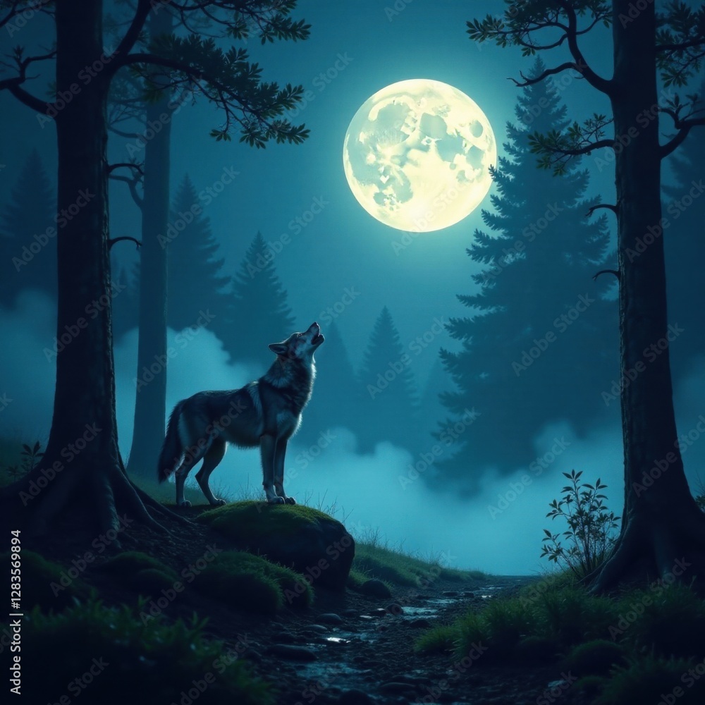 Fototapeta premium Full moonlit forest with a lone wolf howling, surrounded by tall trees and misty fog , nature, wildlife, night