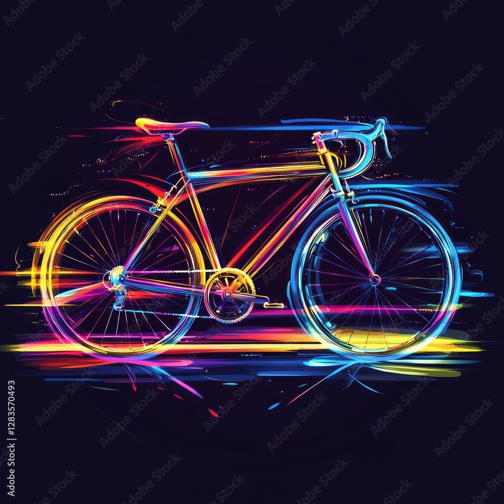 Fototapeta premium Bike Trails of Light: A racing bike bursts into a vibrant, glowing display, streaks of rainbow hues representing speed and motion against a dark backdrop.