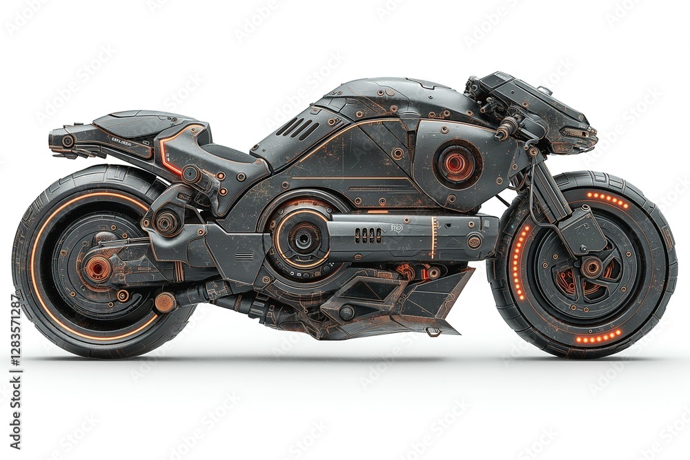 Futuristic motorcycle with a sleek, metallic design and illuminated features. Futuristic motorcycle with a sleek, metallic design and illuminated features.