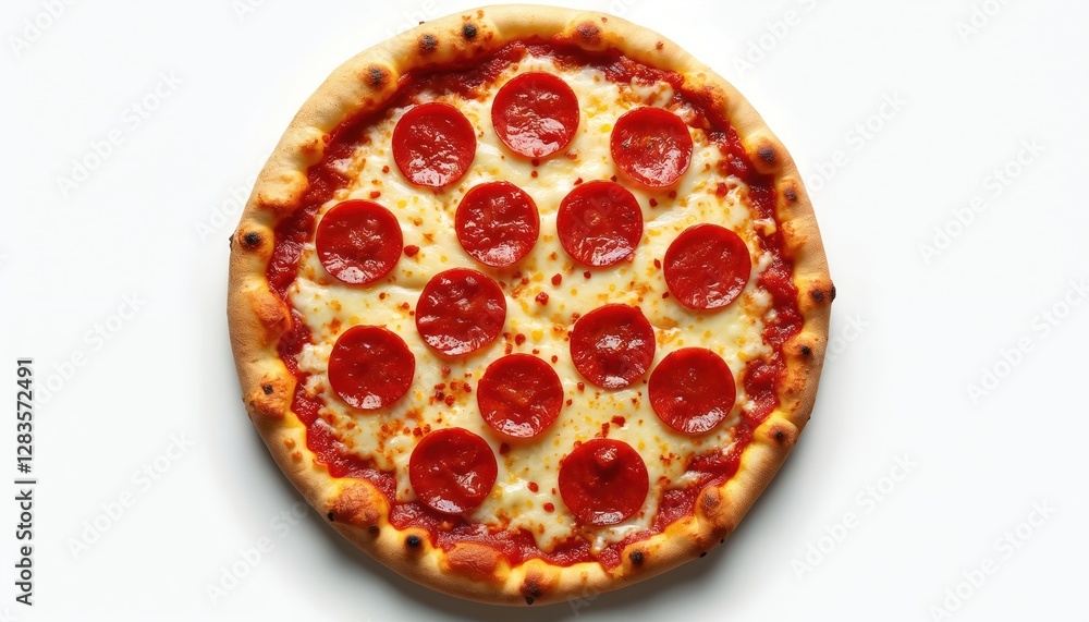 Top view of pizza with pepperoni, melted cheese on white background. Delicious baked crust with tomato sauce, mozzarella topping. Italian cuisine classic for fast food, junk food concepts. Top view of pizza with pepperoni, melted cheese on white background. Delicious baked crust with tomato sauce, mozzarella topping. Italian cuisine classic for fast food, junk food concepts.